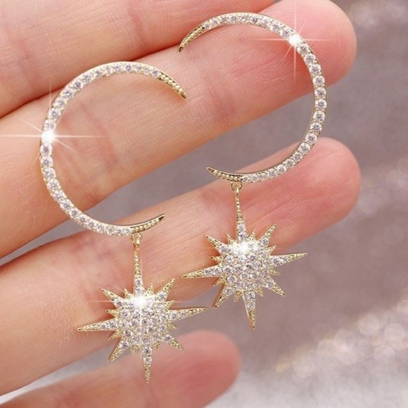 NEW Silver/Gold Diamond Moon Star Drop Earrings - Picture 2 of 5